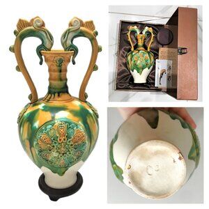 Collectible Chinese Museum Replica Tang Tricolor Double Ear Dragon Ceramic Vase